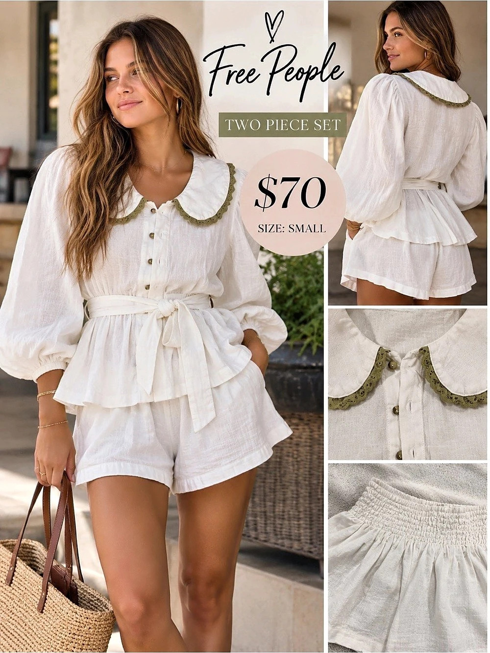 Free People Alisa Short Set White Size Small